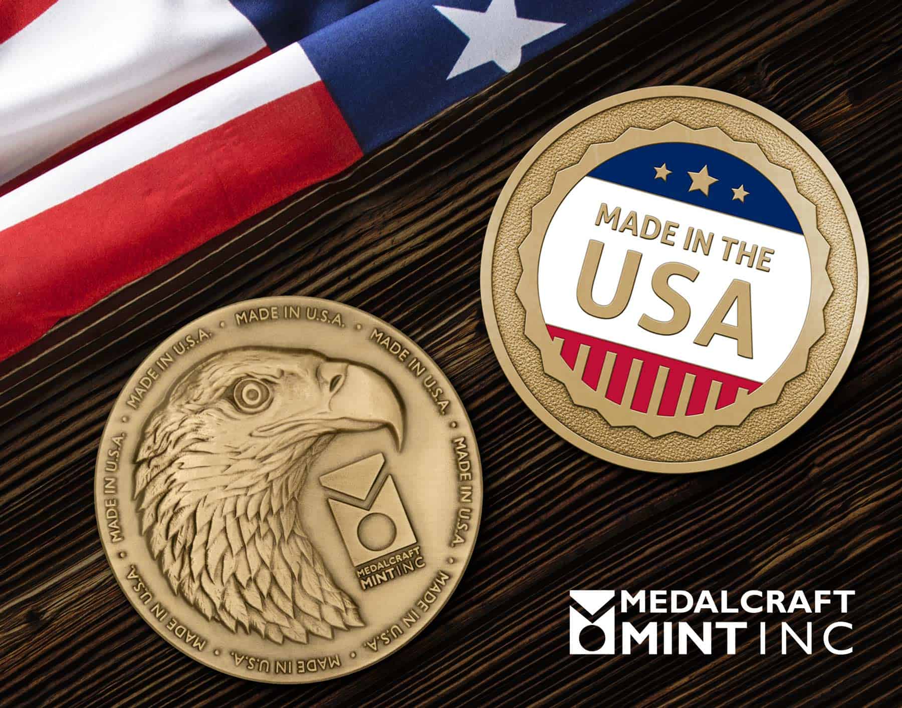 two coins on a wood background with a united states flag