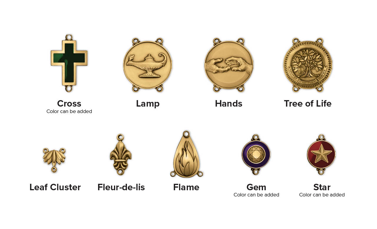 Ornamental components - cross, lamp, hands, tree of life, leaf cluster, fleur-de-lis, flame gem, star