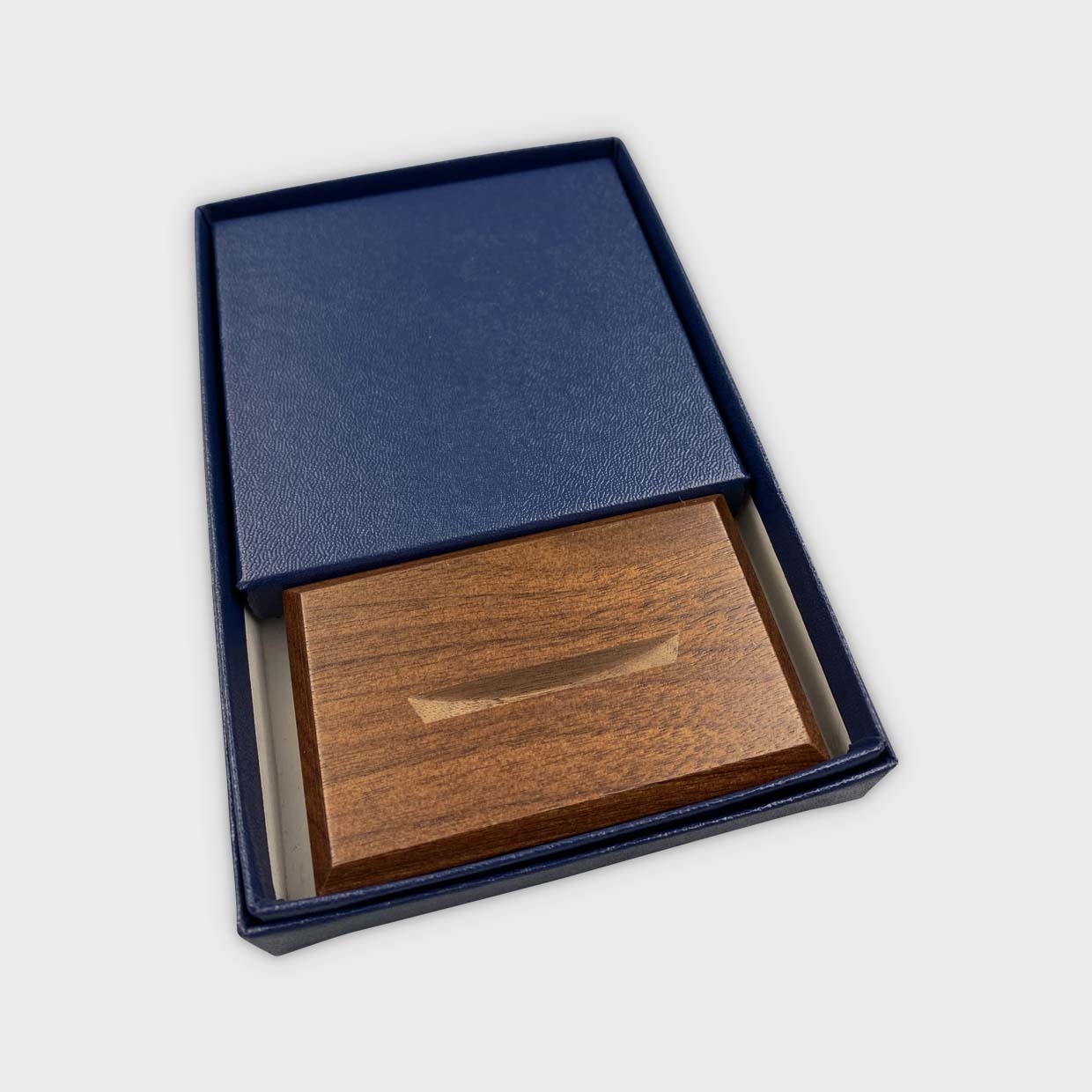 Blue Double Kraft Box with Routed Wood Stand