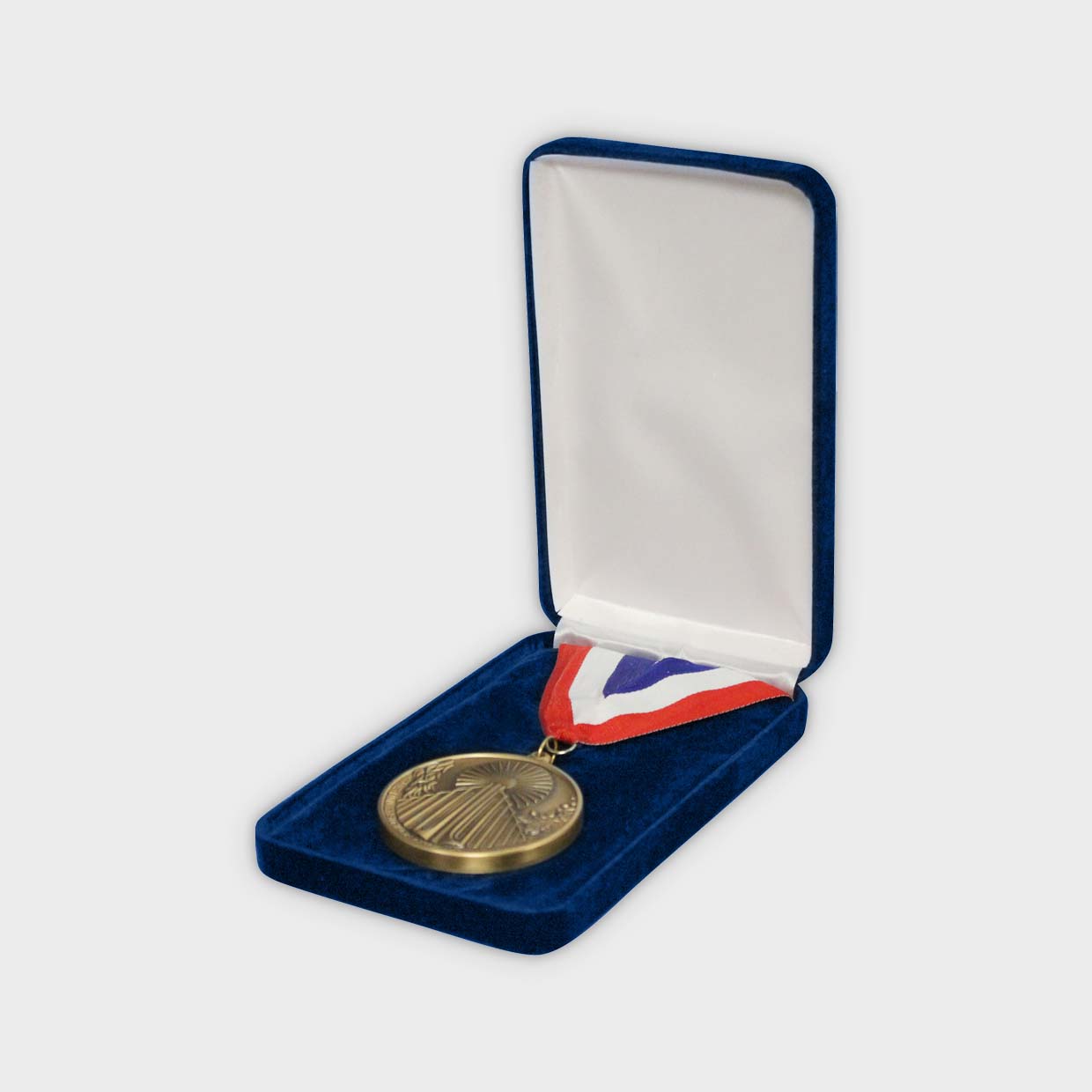 Blue Velvet Box for Medal on Neck Ribbon Close Up