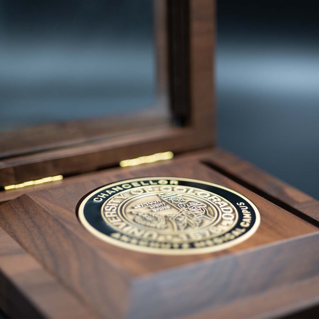 Walnut Wood Box with Glass Top Detail