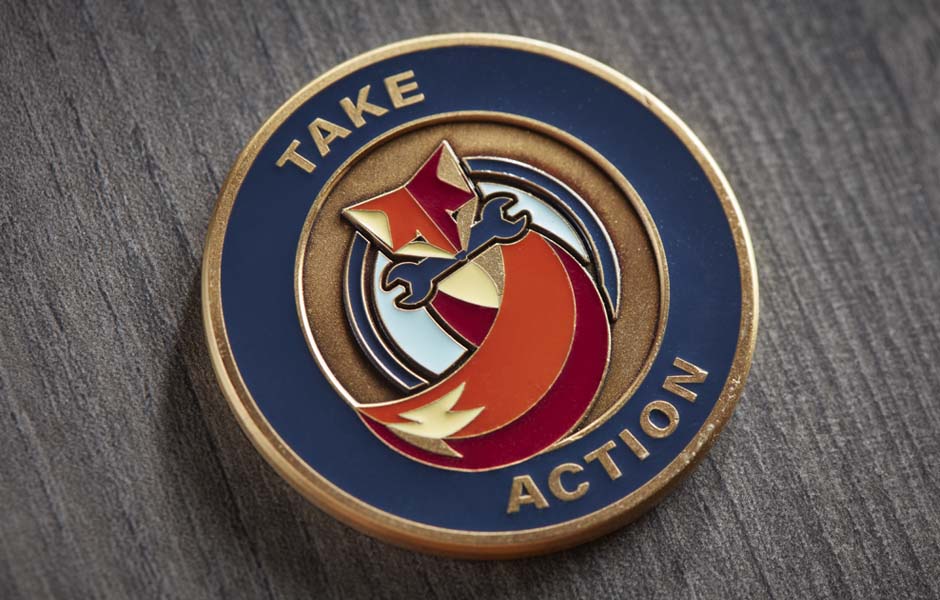 Take Action Brass Challenge Coin with Color Enamel
