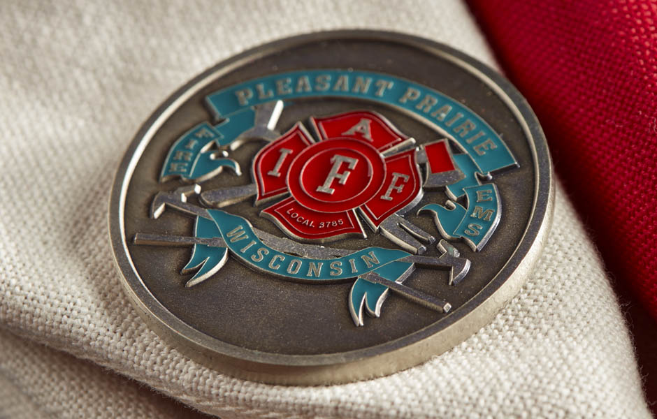 Nickel Silver Pleasant Prarie Fire Department Coin with Color Enamel