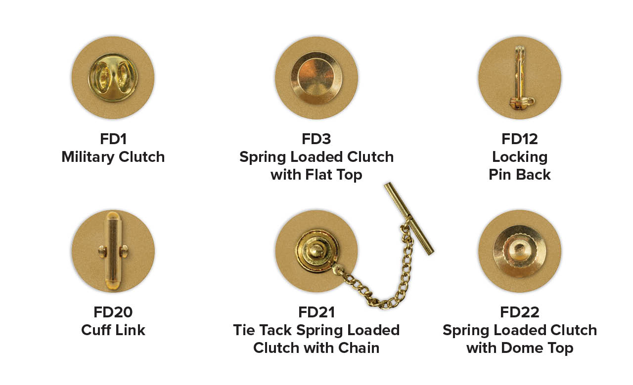 Different style lapel pin backs shown in gold